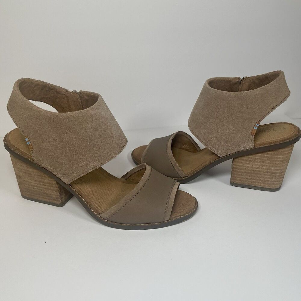 TOMS Suede Majorca Cutout Block Heels Casual Sandals Shoes Taupe Tan Women's 7